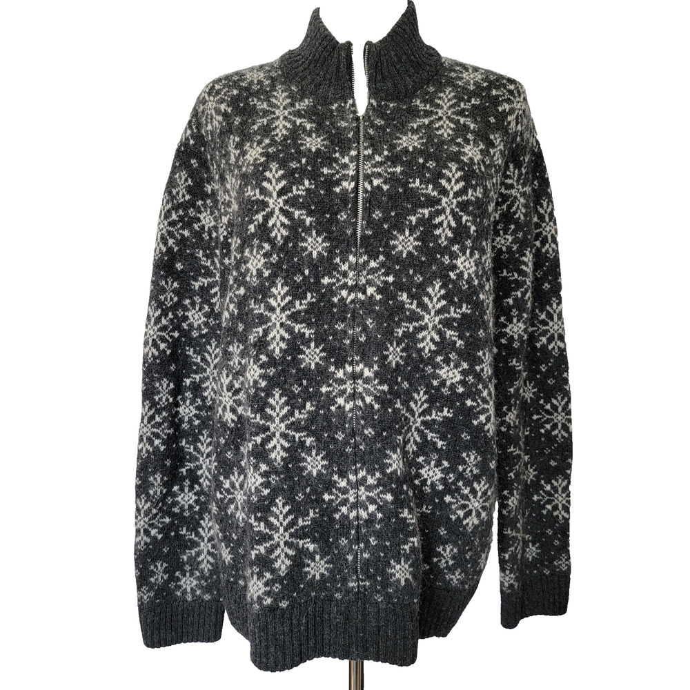 Jones New York Lambswool Mohair Cardigan Zip Sweater Gray Snowflakes Winter Sz L
